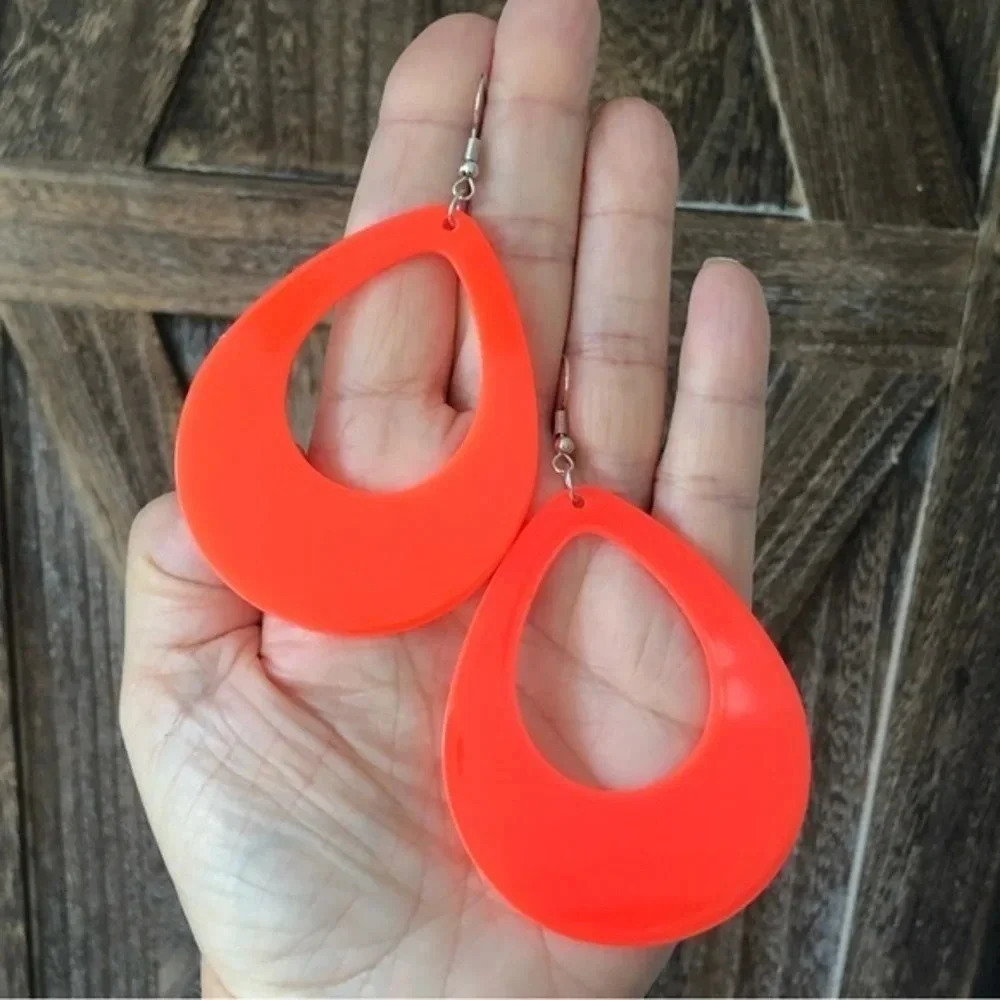 3 for $25/ Neon Hot Orange Really Huge Acrylic Hollow Teardrop Hoop Earrings NWT